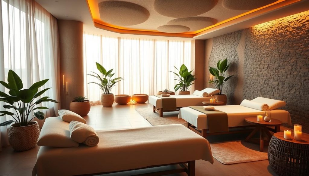 A tranquil spa interior with plush, inviting textures and soft, warm lighting. Serene stone walls and natural wood accents create a calming ambiance. Elegant chaise lounges and massage tables stand ready for indulgent relaxation. Diffused sunlight filters through sheer curtains, casting a gentle glow. Lush potted plants and aromatic candles add a touch of luxury. The space emanates a sense of peace and comfort, an oasis of well-being.