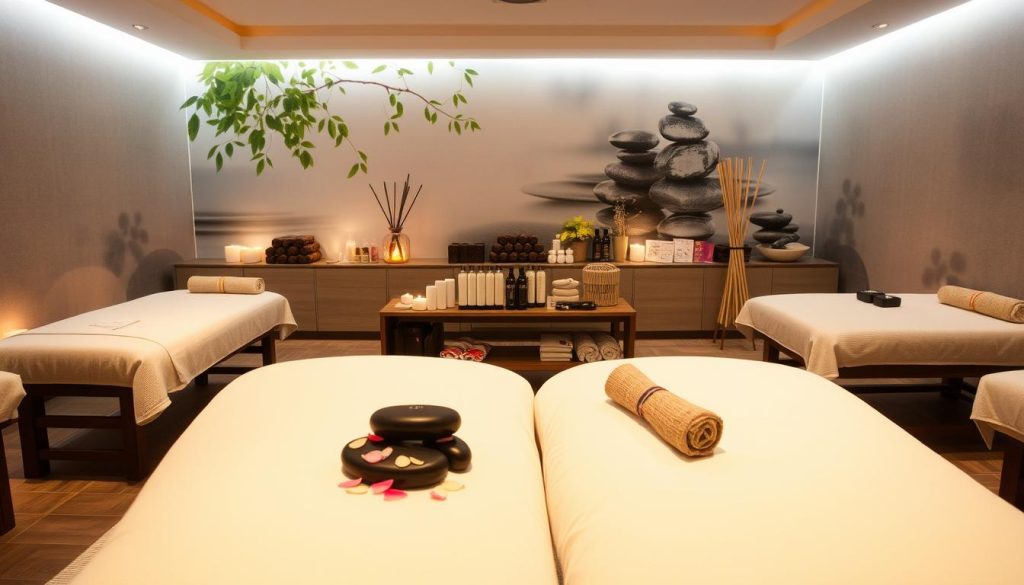 A tranquil spa-like setting showcasing a variety of massage service options. In the foreground, plush massage tables surrounded by soft lighting and soothing decor elements like candles, flower petals, and essential oil diffusers. In the middle ground, an array of massage tools and accessories like massage oils, hot stones, and bamboo rods neatly displayed. In the background, a serene, nature-inspired mural or wall feature, evoking a sense of relaxation and well-being. The overall mood is calming, inviting, and luxurious, reflecting the expertise and care of the masseuses.