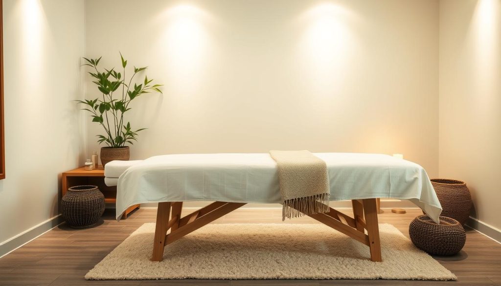 A tranquil spa-like setting with a cozy massage table, soft lighting, and soothing details like a potted plant, bamboo accents, and a plush throw blanket. The table is positioned in a serene, minimalist room with clean lines and a neutral color palette, creating a sense of calm and relaxation. The overall atmosphere evokes a therapeutic, holistic experience tailored for a personalized massage session.