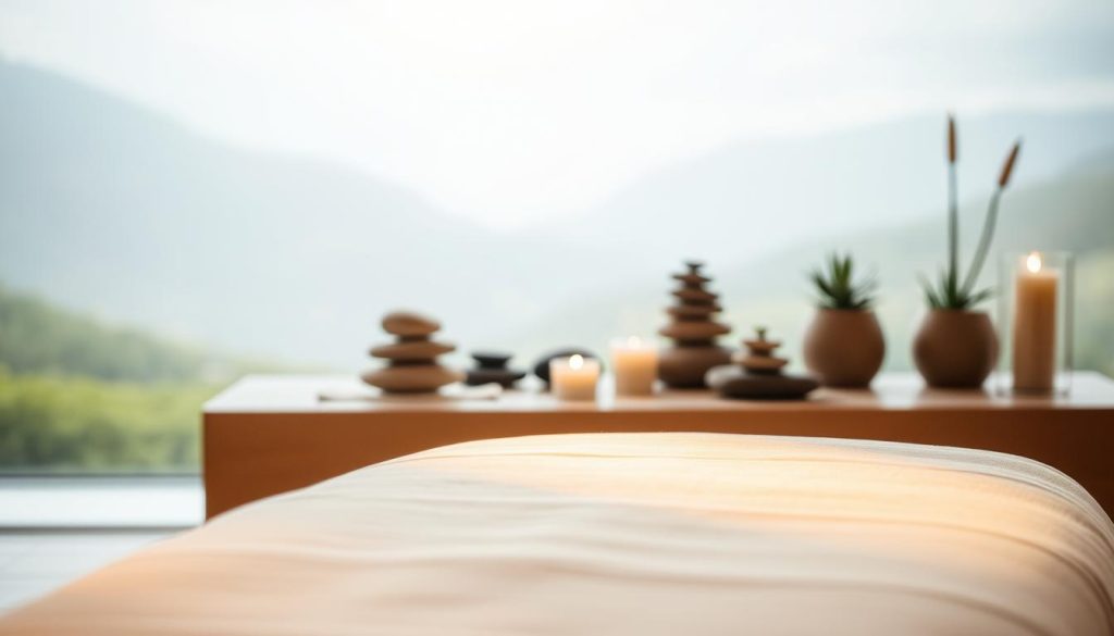 A tranquil spa-like setting with a minimalist, natural aesthetic. In the foreground, a plush massage table is bathed in warm, diffused lighting, inviting the viewer to experience the restorative power of massage. The middle ground features a serene, zen-inspired arrangement of smooth river stones, potted succulents, and a few strategically placed candles, creating a calming ambiance. The background showcases a softly blurred, natural landscape, hinting at the harmony between mind, body, and nature. The overall composition evokes a sense of relaxation, rejuvenation, and the profound benefits of massage for both physical and mental well-being.