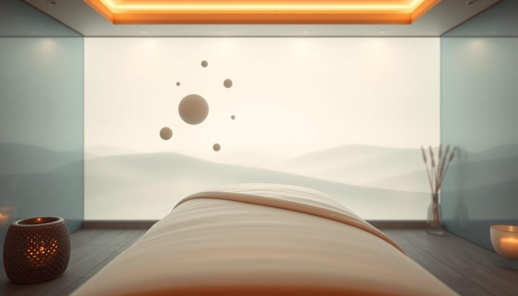 A tranquil spa-like setting, with a soothing ambient lighting casting a warm glow. In the foreground, a massage table draped in soft, plush linens, inviting relaxation. Floating in the middle ground, abstract shapes and forms representing the interplay of physical and mental well-being. The background features a calming, minimalist landscape with gentle rolling hills, hinting at the sense of balance and harmony. The overall atmosphere conveys a profound sense of rejuvenation and restoration, capturing the essence of the "Masaj Terapisinin Fiziksel ve Zihinsel Faydaları". A tranquil spa-like setting, with a soothing ambient lighting casting a warm glow. In the foreground, a massage table draped in soft, plush linens, inviting relaxation. Floating in the middle ground, abstract shapes and forms representing the interplay of physical and mental well-being. The background features a calming, minimalist landscape with gentle rolling hills, hinting at the sense of balance and harmony. The overall atmosphere conveys a profound sense of rejuvenation and restoration, capturing the essence of the "Masaj Terapisinin Fiziksel ve Zihinsel Faydaları".