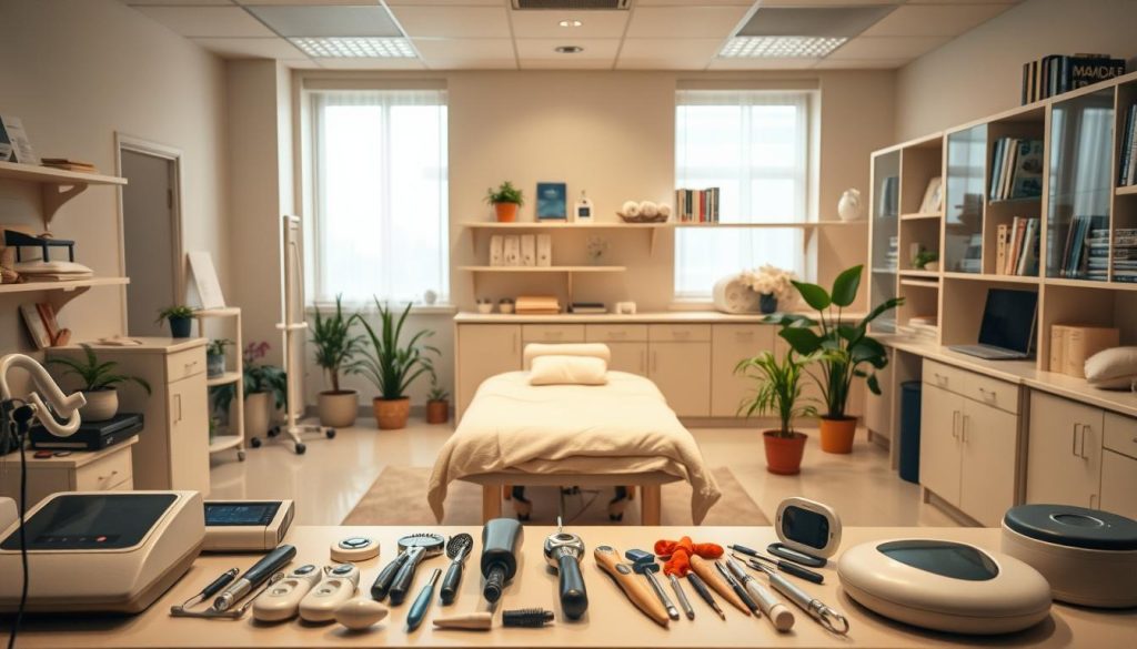 A tranquil spa-like setting with a soothing atmosphere. The scene depicts a peaceful massage research laboratory, filled with an array of massage tools and equipment. The space is bathed in warm, diffused lighting, creating a calming ambiance. In the foreground, various massage devices and tools are neatly arranged, conveying a sense of professionalism and expertise. The middle ground showcases a massage table, surrounded by natural elements like potted plants, suggesting a holistic approach to massage research. In the background, shelves and cabinets hold an assortment of massage-related publications and resources, hinting at the scholarly nature of the studies conducted within this space. The overall composition suggests a harmonious blend of science and wellness, inviting the viewer to explore the nuances of massage research.