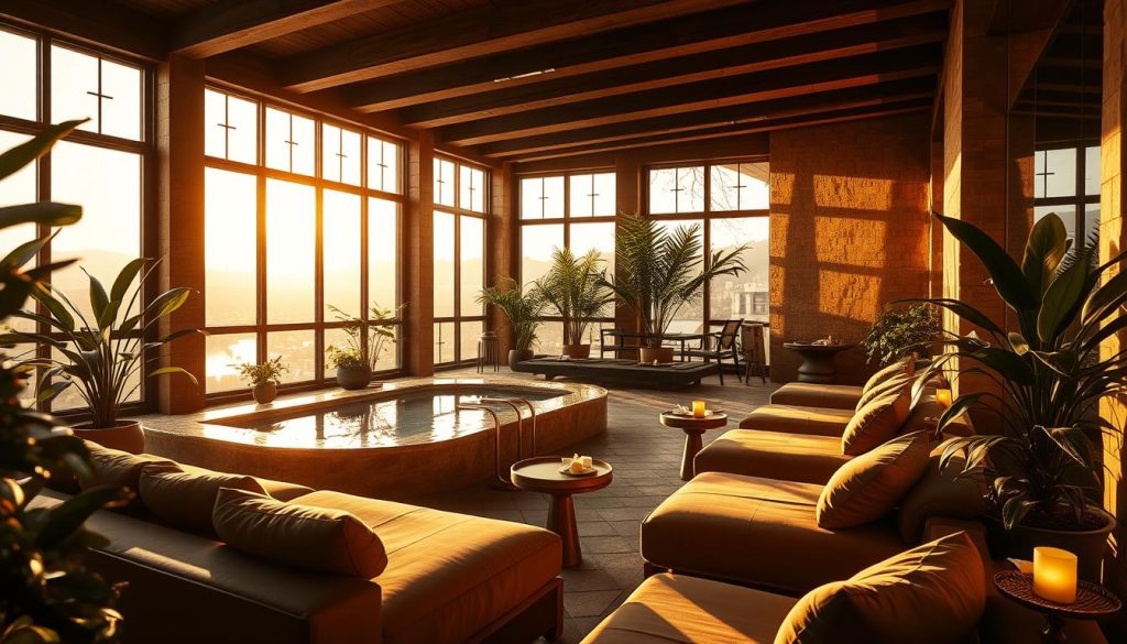 A tranquil spa nestled in the heart of Anadolu Yakası, Istanbul, bathed in warm, golden light filtering through large windows. Plush, earthy-toned furnishings and natural materials like wood and stone create a soothing, luxurious ambiance. Lush, verdant plants and soft, indirect lighting evoke a sense of serene relaxation. The scene captures the essence of the Anadolu Yakası wellness experience - a harmonious blend of traditional Turkish spa treatments and modern self-care practices, all within a visually striking, immersive setting.