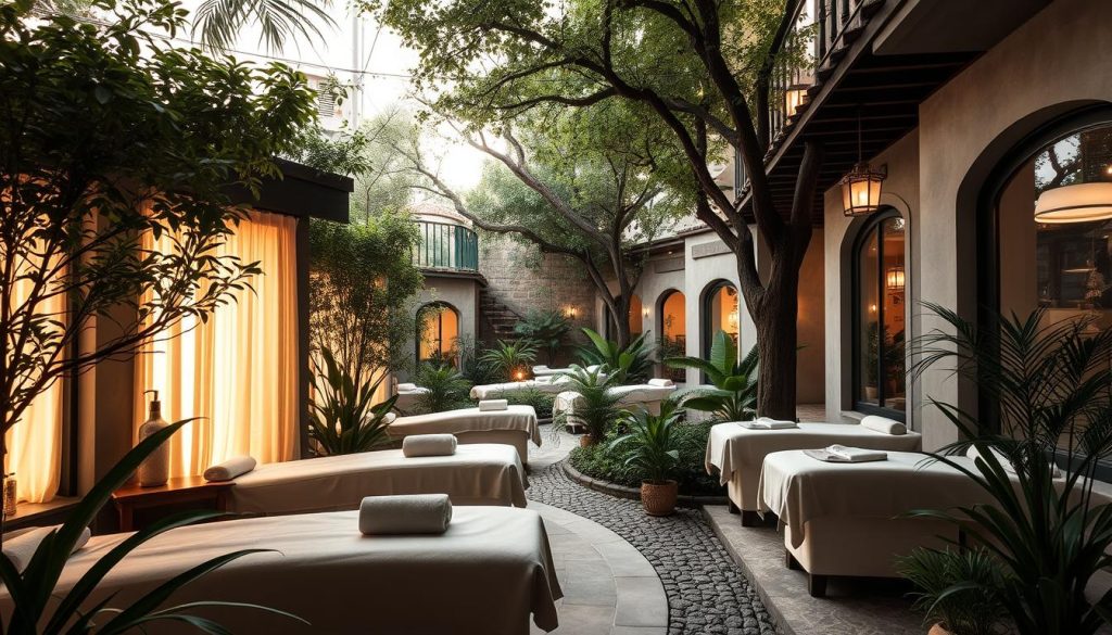 A tranquil spa oasis in the heart of bustling İstanbul, with serene massage parlors nestled along winding, tree-lined streets. Soft lighting filters through the windows, casting a warm glow over plush massage tables surrounded by soothing greenery. The air is filled with the gentle aroma of essential oils, inviting visitors to unwind and rejuvenate. Muted colors and natural textures create a calming atmosphere, while a hint of Ottoman-inspired architecture adds a touch of elegance. A hidden sanctuary where the stresses of city life melt away, allowing for a peaceful respite in the midst of the urban landscape. A tranquil spa oasis in the heart of bustling İstanbul, with serene massage parlors nestled along winding, tree-lined streets. Soft lighting filters through the windows, casting a warm glow over plush massage tables surrounded by soothing greenery. The air is filled with the gentle aroma of essential oils, inviting visitors to unwind and rejuvenate. Muted colors and natural textures create a calming atmosphere, while a hint of Ottoman-inspired architecture adds a touch of elegance. A hidden sanctuary where the stresses of city life melt away, allowing for a peaceful respite in the midst of the urban landscape.
