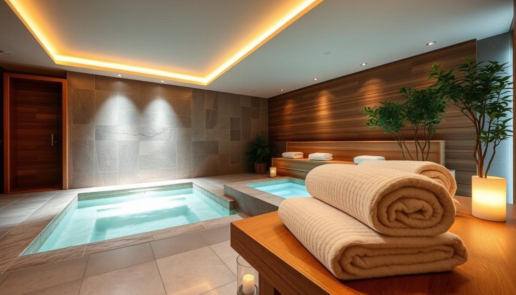 A tranquil spa retreat in the heart of Istanbul, featuring a cozy sauna, a serene indoor jakuzi surrounded by soothing natural stone, and plush towels neatly folded. Soft lighting casts a warm glow, creating an atmosphere of pure relaxation. The scene is captured through a wide-angle lens, showcasing the spacious and inviting layout of the spa services area. Elegant wooden accents and lush greenery add to the calming ambiance, inviting visitors to unwind and indulge in a moment of pure bliss.