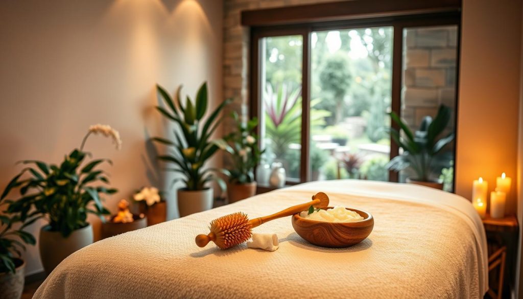 A tranquil spa scene of a cozy massage room, softly lit with warm ambient lighting. In the foreground, a plush white towel-covered massage table awaits, surrounded by lush potted plants and delicate flowers. In the middle ground, a stylized wooden kese scrub brush and a bowl of aromatic foam massage oils sit on a rustic side table. The background features smooth stone walls, with a large window overlooking a serene garden landscape, gently diffusing natural light. The overall mood is one of relaxation, rejuvenation, and indulgence.