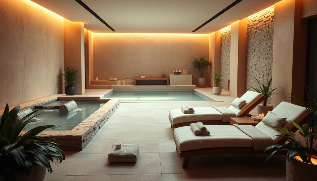 A tranquil spa setting, bathed in warm, diffused lighting. A serene, minimalist interior with natural stone and wood accents. Plush, inviting lounge chairs and a soothing water feature, creating a calming ambiance. Soft, muted colors and clean lines evoke a sense of relaxation and rejuvenation. Lush, verdant plants and subtle aromatherapy elements enhance the holistic, wellness-focused atmosphere. The scene conveys the restorative power of dedicated spa and massage services, elevating both physical and mental well-being.