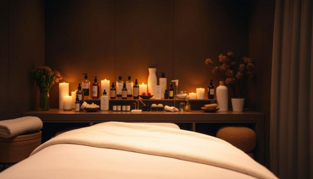 A tranquil spa setting, dimly lit with warm, soft lighting, showcasing various massage modalities. In the foreground, a luxurious massage table draped in plush linens, inviting the viewer to experience its therapeutic embrace. The middle ground features an array of massage oils, lotions, and tools, each designed to cater to specific needs. In the background, a serene and calming ambiance with soothing colors, natural elements, and perhaps the gentle flutter of fabric or the faint sound of relaxing music. The overall composition conveys a sense of rejuvenation, relaxation, and a tailored approach to finding the perfect massage experience.