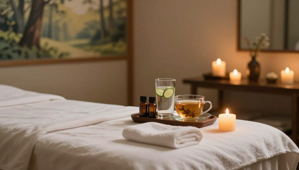 A tranquil spa setting focused on post-massage care. In the foreground, there is a soft, plush treatment bed with fresh white linens, flanked by gentle, flickering candles emitting a warm glow. In the middle, a small table holds essential oils, a glass of water with cucumber slices, and a soothing herbal tea, all radiating a sense of relaxation. The background features serene nature-themed artwork on the walls and soft, ambient lighting that casts a peaceful atmosphere. The overall mood is tranquil and calming, conveying a sense of healing and rejuvenation. The composition should capture the essence of wellness and self-care, inviting the viewer into this serene space.