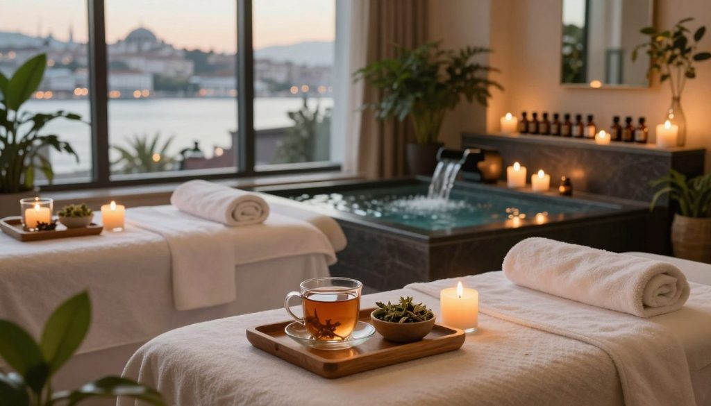 A tranquil spa setting in Üsküdar, featuring elegant massage tables adorned with soft, fluffy towels and aromatherapy candles flickering softly in the dimly lit room. In the foreground, an inviting herbal tea service on a wooden tray, surrounded by lush green plants adding a touch of nature. The middle captures a serene water feature with gentle flowing water, enhancing the relaxing atmosphere, while calming essential oils are displayed neatly on a shelf. In the background, large windows showcase a picturesque view of Üsküdar, bathed in soft, warm daylight. The overall mood conveys peace and relaxation, emphasizing the luxurious experience of a massage and spa day in this exquisite location. The composition should focus on the beauty and tranquility of the spa without any human presence, creating an inviting and serene ambiance.