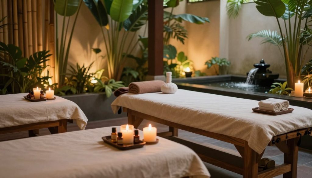 A tranquil spa setting inspired by Bali, featuring elegant wooden massage tables adorned with soft, natural fabrics. In the foreground, an array of essential oils and aromatic candles creates a soothing atmosphere. The middle ground showcases a serene indoor space with lush tropical plants, bamboo accents, and soft ambient lighting casting a warm glow. In the background, delicate water features gently trickle, enhancing the calming environment. The scene evokes a sense of relaxation and wellness, with a focus on the art of Aroma Therapy and Thai massage experiences. The mood is peaceful and inviting, perfect for rejuvenation and tranquility. The lighting should be soft and natural, reminiscent of twilight for a soothing ambiance. A tranquil spa setting inspired by Bali, featuring elegant wooden massage tables adorned with soft, natural fabrics. In the foreground, an array of essential oils and aromatic candles creates a soothing atmosphere. The middle ground showcases a serene indoor space with lush tropical plants, bamboo accents, and soft ambient lighting casting a warm glow. In the background, delicate water features gently trickle, enhancing the calming environment. The scene evokes a sense of relaxation and wellness, with a focus on the art of Aroma Therapy and Thai massage experiences. The mood is peaceful and inviting, perfect for rejuvenation and tranquility. The lighting should be soft and natural, reminiscent of twilight for a soothing ambiance.