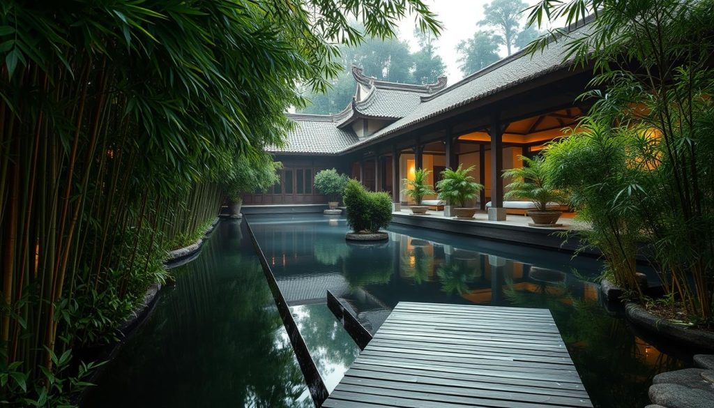 A tranquil spa setting with a serene atmosphere. In the foreground, a wooden footbridge leads to a serene reflecting pool, the surface rippling gently. Lush, verdant plants and bamboo groves flank the scene, creating a sense of lush, tropical serenity. Soft, diffused lighting filters through the canopy, casting a warm, golden glow over the scene. In the background, traditional Asian-inspired architecture, with tiled roofs and ornate details, hints at the luxurious spa experience within. The overall mood is one of relaxation, rejuvenation, and a connection with nature. A tranquil spa setting with a serene atmosphere. In the foreground, a wooden footbridge leads to a serene reflecting pool, the surface rippling gently. Lush, verdant plants and bamboo groves flank the scene, creating a sense of lush, tropical serenity. Soft, diffused lighting filters through the canopy, casting a warm, golden glow over the scene. In the background, traditional Asian-inspired architecture, with tiled roofs and ornate details, hints at the luxurious spa experience within. The overall mood is one of relaxation, rejuvenation, and a connection with nature.