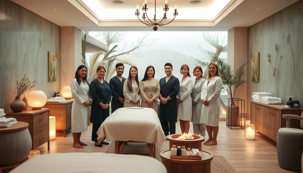A tranquil spa setting with luxurious treatment rooms, elegant decor, and serene lighting. In the foreground, the focus is on a team of experienced, professional therapists standing ready to provide personalized wellness services. The middle ground showcases various wellness amenities like massage tables, essential oil diffusers, and plush robes. The background depicts a calming, nature-inspired environment with soft colors and natural textures. The overall atmosphere conveys a sense of relaxation, comfort, and expertise, inviting the viewer to immerse themselves in a rejuvenating spa experience.