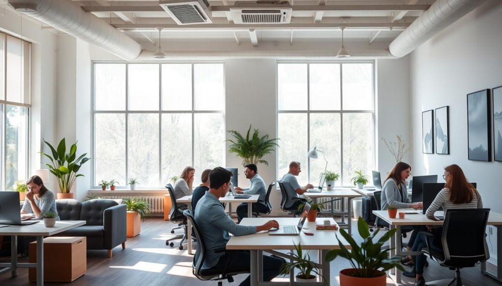 A tranquil workspace with flexible seating arrangements, ergonomic desks, and natural light streaming through floor-to-ceiling windows. Minimalist yet modern decor, with potted plants and soothing artwork on the walls. Employees collaborating in small groups or focused on individual tasks, their faces relaxed and engaged. A serene atmosphere that promotes wellness and productivity, reflecting the evolving trends in the modern workplace. A tranquil workspace with flexible seating arrangements, ergonomic desks, and natural light streaming through floor-to-ceiling windows. Minimalist yet modern decor, with potted plants and soothing artwork on the walls. Employees collaborating in small groups or focused on individual tasks, their faces relaxed and engaged. A serene atmosphere that promotes wellness and productivity, reflecting the evolving trends in the modern workplace.