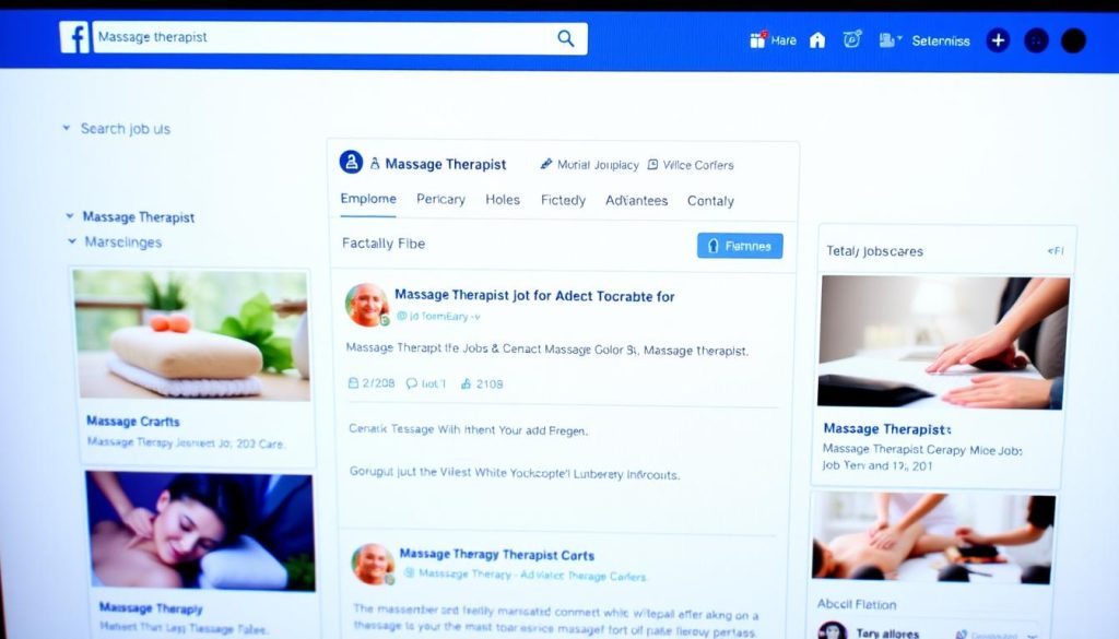 A vibrant and clean Facebook interface with a prominent search bar, filtering options, and a well-organized list of the latest massage therapist job postings. The layout should convey a sense of professionalism and functionality, reflecting the current trends in online job platforms. The overall mood should be one of efficiency and practicality, catering to the needs of both job seekers and employers in the massage therapy industry. The image should be captured from a slightly elevated angle, providing a clear and comprehensive view of the digital workspace.