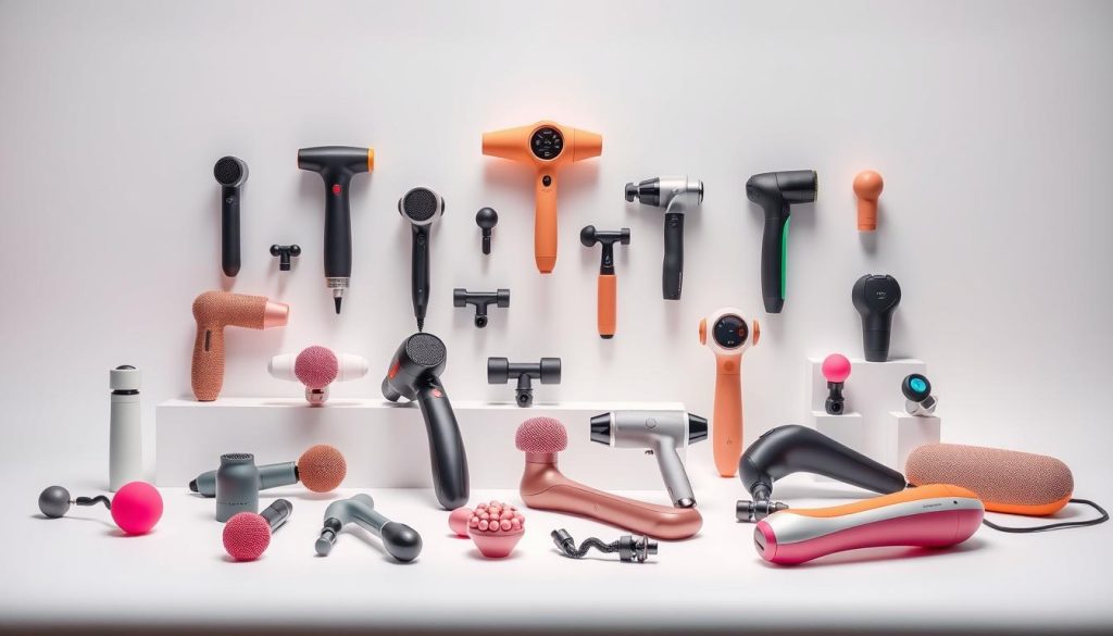 A vibrant display of massage device models and product variety, artfully arranged on a minimalist white background. Soft lighting accentuates the sleek, ergonomic designs, inviting the viewer to imagine the relaxing massage experience. The array showcases an assortment of sizes, shapes, and textures, highlighting the versatility of the massage tools. A serene, high-end ambiance captures the essence of an elevated in-home massage experience.