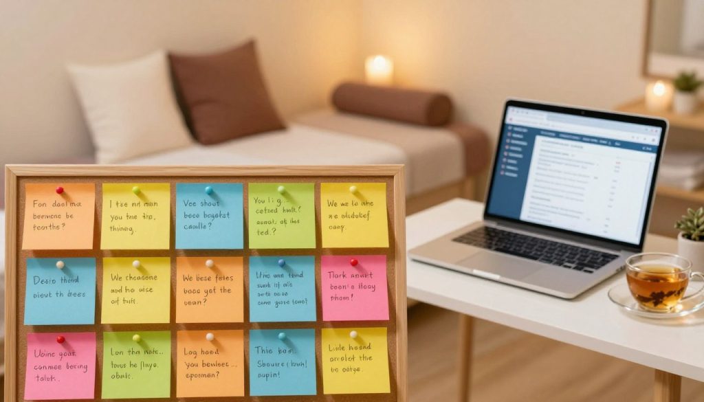 A visually engaging representation of customer feedback in the context of massage therapy. In the foreground, a collection of colorful, vibrant sticky notes or feedback forms pinned to a board, each reflecting unique, positive customer comments, showcasing emotional expressions and satisfaction. In the middle ground, a neatly organized desk with a relaxing ambiance, featuring a laptop open to a customer review website and a cup of herbal tea, symbolizing calm and professional care. In the background, soft, warm lighting enhances the serene atmosphere of a cozy massage therapy studio with soft textures, like plush pillows and calming colors, evoking a sense of trust and relaxation. The overall mood is uplifting and positive, perfect for illustrating the importance of customer feedback in massage therapy. A visually engaging representation of customer feedback in the context of massage therapy. In the foreground, a collection of colorful, vibrant sticky notes or feedback forms pinned to a board, each reflecting unique, positive customer comments, showcasing emotional expressions and satisfaction. In the middle ground, a neatly organized desk with a relaxing ambiance, featuring a laptop open to a customer review website and a cup of herbal tea, symbolizing calm and professional care. In the background, soft, warm lighting enhances the serene atmosphere of a cozy massage therapy studio with soft textures, like plush pillows and calming colors, evoking a sense of trust and relaxation. The overall mood is uplifting and positive, perfect for illustrating the importance of customer feedback in massage therapy.