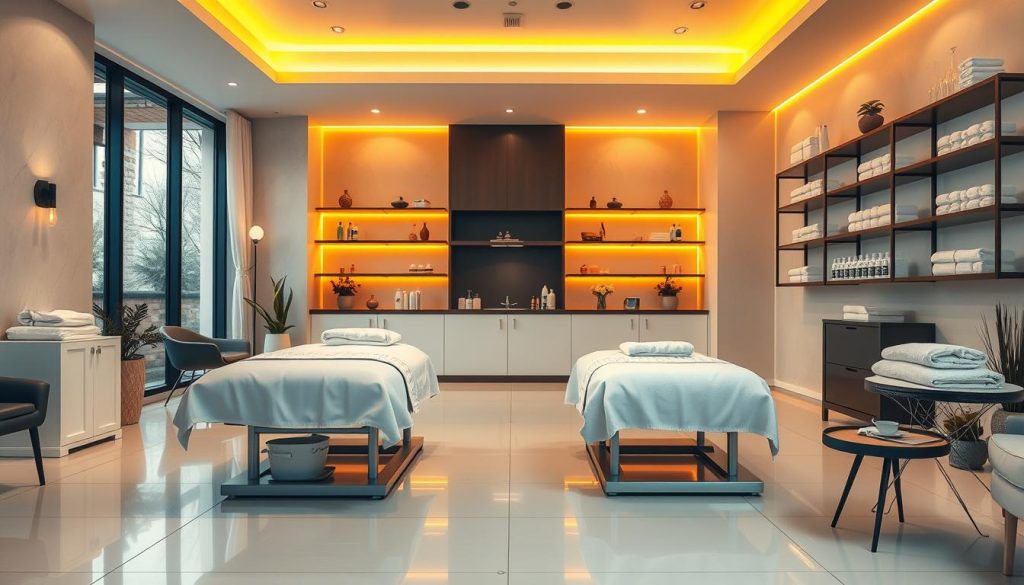 A well-lit, clean and organized massage salon interior. The tiled floors gleam, the crisp white towels are neatly folded, and modern equipment is arranged with precision. Warm, diffused lighting casts a calming glow, while large windows allow natural light to fill the space. Sleek, minimalist furniture and decor create a serene, hygienic atmosphere. Shelves display premium massage oils and lotions, reflecting the salon's commitment to high standards of hygiene and quality. The overall ambiance radiates professionalism, inviting guests to experience a luxurious, spa-like treatment in a meticulously maintained, licensed establishment. A well-lit, clean and organized massage salon interior. The tiled floors gleam, the crisp white towels are neatly folded, and modern equipment is arranged with precision. Warm, diffused lighting casts a calming glow, while large windows allow natural light to fill the space. Sleek, minimalist furniture and decor create a serene, hygienic atmosphere. Shelves display premium massage oils and lotions, reflecting the salon's commitment to high standards of hygiene and quality. The overall ambiance radiates professionalism, inviting guests to experience a luxurious, spa-like treatment in a meticulously maintained, licensed establishment.