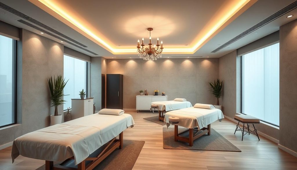 A well-lit, high-quality interior shot of a modern, licensed massage therapy center in Istanbul. The spacious, clean room features soothing earth-toned decor, plush massage tables, and high-end massage equipment. Soft, indirect lighting creates a calming ambiance, while large windows allow natural light to filter in. The scene conveys a sense of professionalism, relaxation, and compliance with legal requirements for massage businesses. The image focuses on the massage space, without any human subjects, to showcase the facility's licensed, legitimate nature.