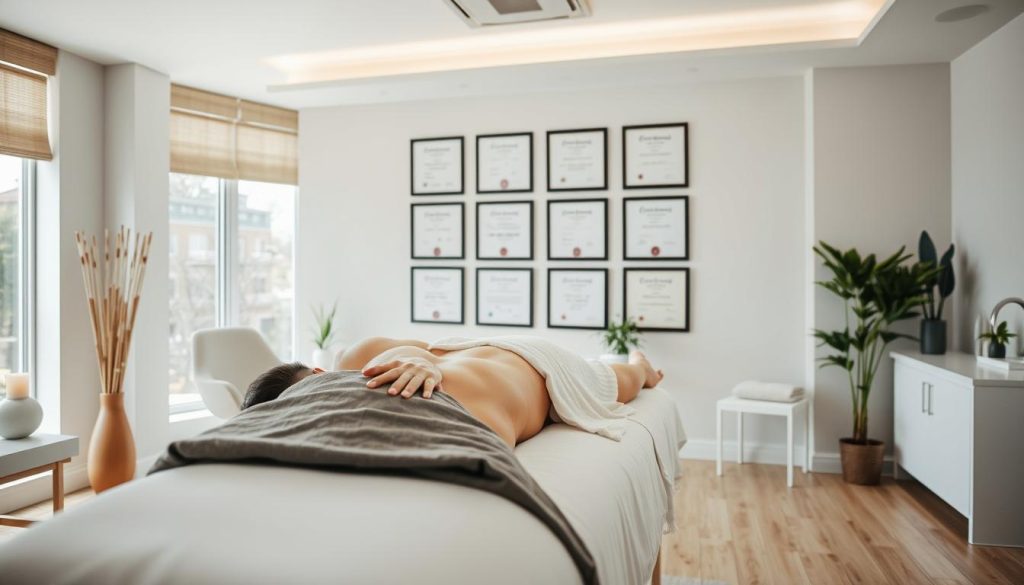 A well-lit, professional massage studio with modern equipment and soothing decor. In the foreground, a masseuse demonstrates proper massage techniques on a massage table, their hands gliding smoothly over the muscles. In the middle ground, a series of framed certificates and diplomas showcasing the masseuse's education and experience in the field of massage therapy. The background features floor-to-ceiling windows, allowing natural light to fill the space and create a calming, serene atmosphere. The overall composition conveys a sense of expertise, professionalism, and the dedication required to succeed in a massage therapy career. A well-lit, professional massage studio with modern equipment and soothing decor. In the foreground, a masseuse demonstrates proper massage techniques on a massage table, their hands gliding smoothly over the muscles. In the middle ground, a series of framed certificates and diplomas showcasing the masseuse's education and experience in the field of massage therapy. The background features floor-to-ceiling windows, allowing natural light to fill the space and create a calming, serene atmosphere. The overall composition conveys a sense of expertise, professionalism, and the dedication required to succeed in a massage therapy career.