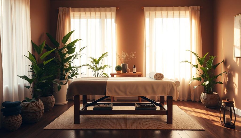 A well-lit, serene massage therapy room with warm, earthy tones. A wooden massage table takes center stage, surrounded by lush potted plants and natural light filtering through sheer curtains. Soft, diffused lighting casts a soothing glow, creating an atmosphere of tranquility and rejuvenation. The room is adorned with minimalist decor, emphasizing the focus on the therapeutic experience. High-quality massage oils and aromatherapy diffusers are neatly arranged, suggesting the expertise and care of the practitioners. The overall scene conveys a sense of professionalism, comfort, and the promise of a truly restorative massage session.