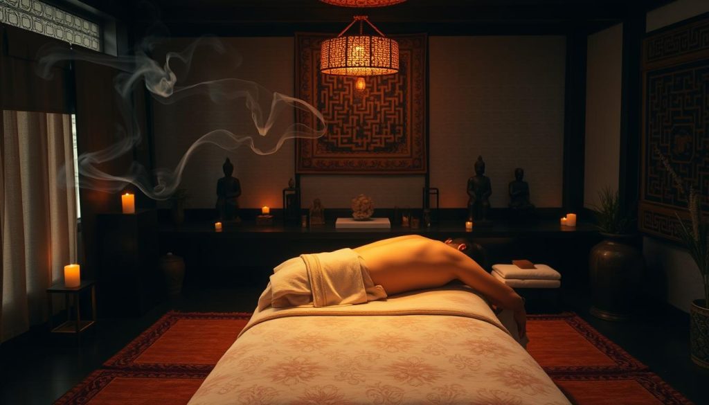 An ancient massage art, its timeless techniques harmoniously blending past and present. Flowing strokes on a dimly lit dais, warm amber hues caress the canvas. Soothing palms glide across muscular contours, a rhythmic dance of healing. Incense wisps spiral upwards, evoking tranquil eastern sanctuaries. Carved wooden statues and ornate tapestries adorn the serene setting, where modern and traditional coexist in perfect balance. A sanctuary of holistic restoration, where the essence of the craft transcends the ages.
