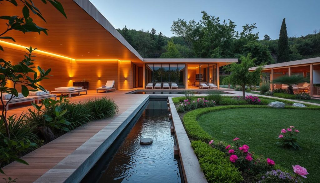 An expansive, tranquil oasis nestled amidst verdant grounds, Six Senses Spa at Kocataş Mansions invites guests to immerse themselves in a holistic wellness journey. A serene, contemporary design featuring natural materials seamlessly blends with the surrounding nature. Warm, diffused lighting casts a soothing glow, complemented by the gentle trickling of a water feature. Lush, manicured gardens with flourishing greenery and vibrant blooms frame the scene, creating a calming, restorative ambiance. Sleek, minimalist architecture with clean lines and large windows allows the natural beauty to take center stage, offering a sustainable, eco-friendly sanctuary for rejuvenation and relaxation.