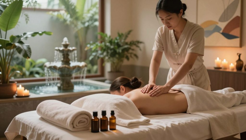 An inviting and serene spa environment showcasing the physical and mental benefits of massage therapy. In the foreground, display a tranquil massage table adorned with soft towels and essential oil bottles, illuminated by warm, diffused light. In the middle, include elements such as a soothing fountain, lush indoor plants, and candles, creating a harmonious atmosphere. In the background, depict gentle flowing water and abstract artwork reflecting calmness and relaxation. The scene should evoke a sense of peace and wellness, highlighting the transformative impact of massage on the body and mind. Capture the warm glow of natural light filtering through large windows, enhancing the atmosphere of serenity. An inviting and serene spa environment showcasing the physical and mental benefits of massage therapy. In the foreground, display a tranquil massage table adorned with soft towels and essential oil bottles, illuminated by warm, diffused light. In the middle, include elements such as a soothing fountain, lush indoor plants, and candles, creating a harmonious atmosphere. In the background, depict gentle flowing water and abstract artwork reflecting calmness and relaxation. The scene should evoke a sense of peace and wellness, highlighting the transformative impact of massage on the body and mind. Capture the warm glow of natural light filtering through large windows, enhancing the atmosphere of serenity.