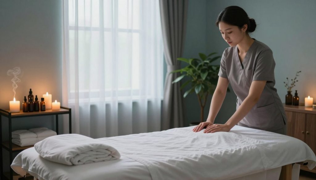 An inviting and tranquil massage therapy room, featuring soft, warm lighting that creates a calming atmosphere. In the foreground, a neatly arranged massage table with fresh, clean linens. On a nearby shelf, neatly organized oils and aromatic candles emit gentle wisps of steam. In the middle of the image, a serene window with sheer curtains allowing soft natural light to filter in, complemented by green indoor plants for a touch of nature. In the background, a soothing color palette of blues and greens to evoke relaxation and professionalism. The overall mood is peaceful and inviting, perfect for a setting where one would select the right massage therapist. The image captures the essence of choosing a skilled professional in a serene environment.
