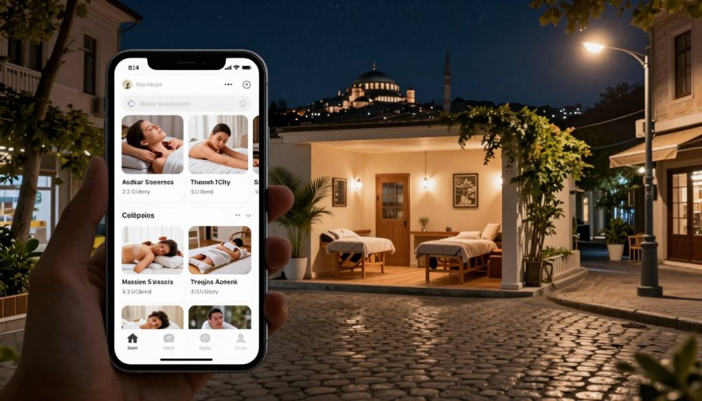 An urban setting at night in Istanbul, illuminated by soft streetlights reflecting off the cobblestone streets. In the foreground, a well-organized, modern digital platform interface displayed on a sleek smartphone, showing various massage service options. The middle layer features a cozy, inviting massage therapy room with calming colors, lush greenery, and soothing ambient lighting casting gentle shadows. In the background, the silhouette of the iconic Istanbul skyline can be seen against a starry night sky, creating a tranquil atmosphere. Soft focus on the smartphone creates depth, with warm glows enhancing a sense of relaxation and professionalism. The scene conveys a harmonious blend of technology and wellness, perfect for illustrating the role of platforms and guides in late-night service searches.