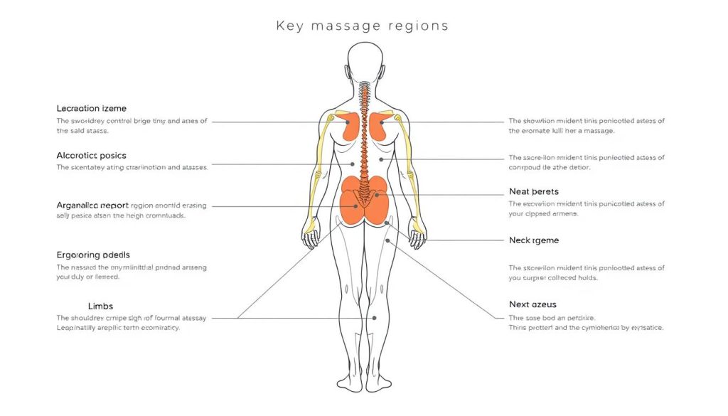 Detailed diagram of the key body massage regions, showcasing the various zones of the back, shoulders, neck, and limbs. Soft, muted color palette with a clean, minimalist aesthetic. Crisp, technical illustration style with precise anatomical details, rendered with a blend of realistic and stylized elements. Emphasize the ergonomic positioning and accessibility of the highlighted massage areas. Include a subtle, neutral background that complements the focal subject without distracting. Convey a sense of relaxation, wellness, and therapeutic focus.