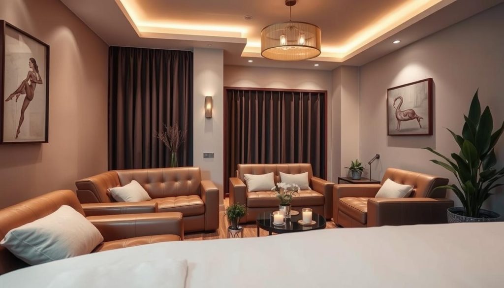 a cozy and inviting interior of a high-end massage parlor in Istanbul, featuring plush leather couches, soft lighting, and soothing wall art. The room has a calming and serene atmosphere, with a focus on natural materials and earth tones. Subtle details like potted plants and candles create a tranquil ambiance. The space is captured from a slightly elevated angle, conveying a sense of luxury and sophistication. The image should showcase the type of premium massage experience one might expect to find in a top-rated Istanbul massage salon.