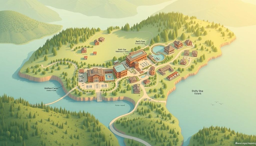 a detailed illustrated map of a spa resort location, showing the layout of the facilities, buildings, and natural surroundings. the map should have a clean, modern aesthetic with a warm, calming color palette. it should include key landmarks like the main spa building, wellness center, outdoor relaxation areas, walking trails, and scenic overlooks. the map should be rendered in a birds-eye view perspective to provide a comprehensive overview of the spa's layout and amenities. the lighting should be soft and diffused, creating a serene, tranquil atmosphere. the level of detail should be high, with fine linework and subtle textures to convey the high-end, luxurious nature of the spa resort.