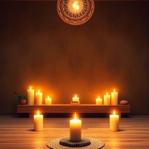 Meditasyon alanı, mumlar ve doğal unsurlar.