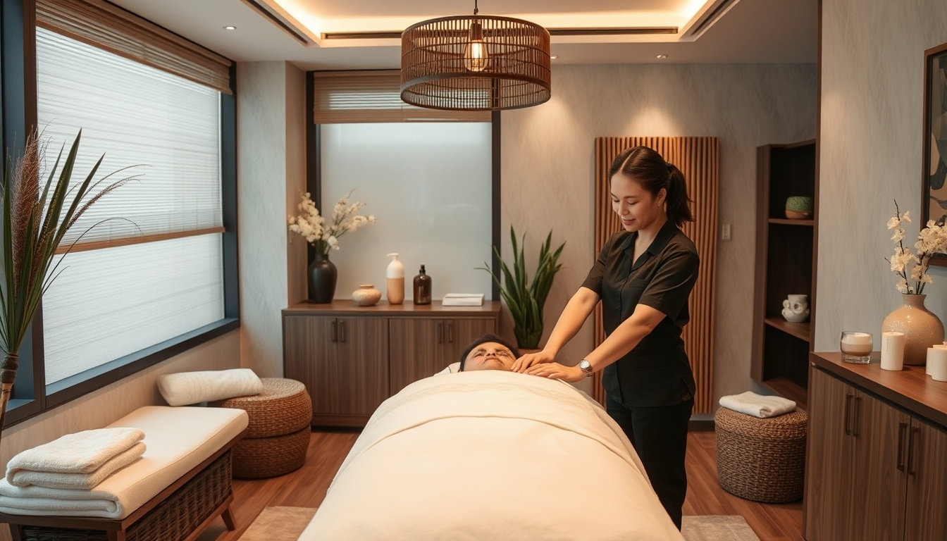 Professional massage therapist in a modern spa setting.