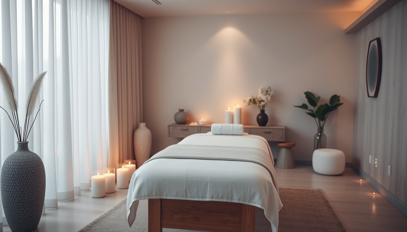 Modern massage therapy room with calming ambiance.